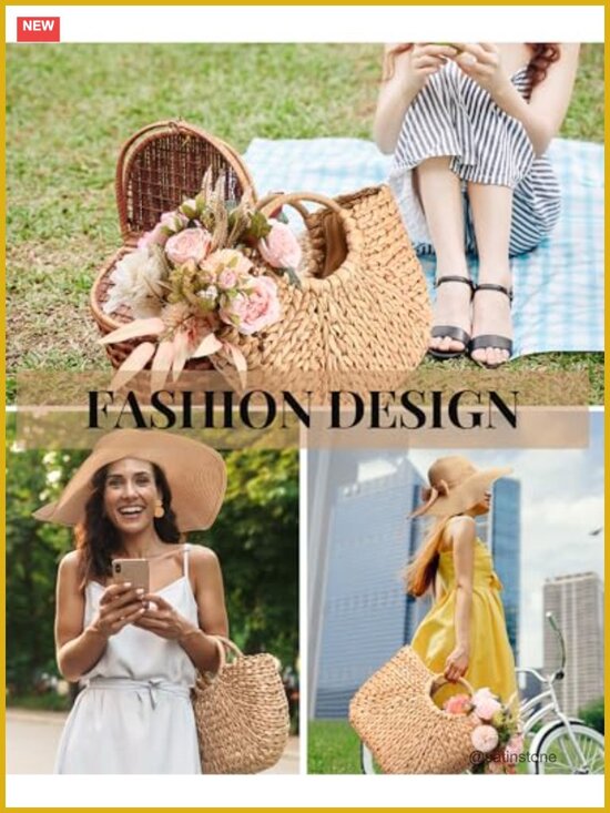 Straw Beach Bag and Hat Set with Earrings for Summer Vacation